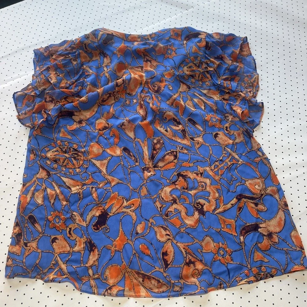 A.L.C. 100% Silk Ruffle Sleeve Blouse Size 2 Blue Orange Abstract Print Top - Picture 6 of 8